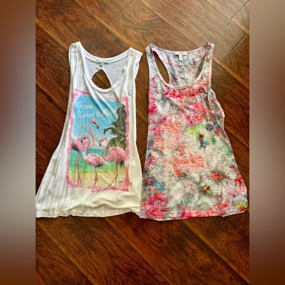 Set of 2: Flamingo and Tie-Dye women’s Tank Tops - size small- sheer